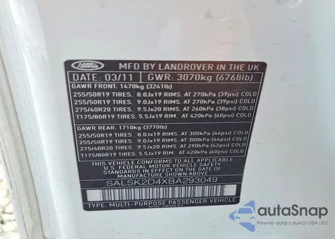 2011 Land Rover Range Rover Sport Lux z USA, uszkodzony, nr VIN SALSK2D4XBA293049